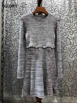 

High Quality Knitted Dress 2019 Autumn Style Ladies Tunic Buttons Long Sleeve Hollow Out Sexy Casual Sweater Dress Grey Pullover