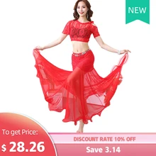 Женский танец живота, летний кружевной топ с вырезами, длинная юбка, комплект, Сексуальные Восточные Индийские танцы, костюм для выступлений, одежда, сценическая одежда
