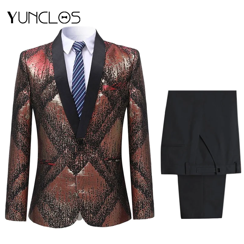 

Men's Green Fruit Collar Sequins Casual Blazer 2 pieces ï¼ˆJacket+Pantï¼‰Single Breasted Suit For Wedding &Party Slim Fit Coat