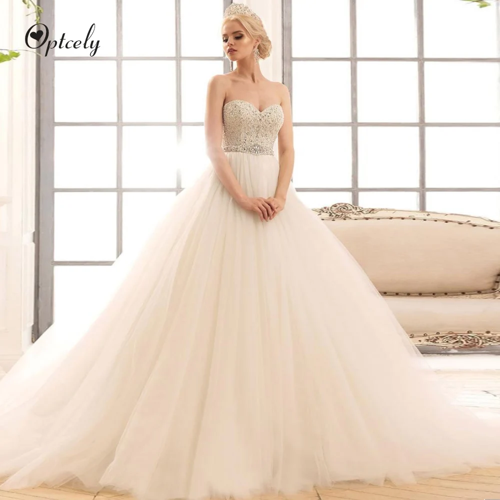 Optcely Сексуальная шея возлюбленной Vestido de Noiva без рукавов трапециевидной формы Тюль свадебное платье кружево с аппликацией и бисером развертки нарядное платье с шлейфом