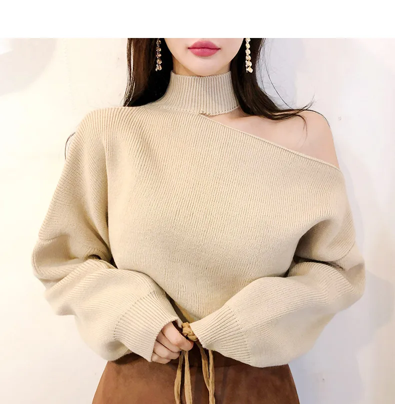 Autumn New Women's Hanging Neck Pullovers Sweater Knitting Bare Shoulder Irregular Fashion Casual Elegant Tops T98323D