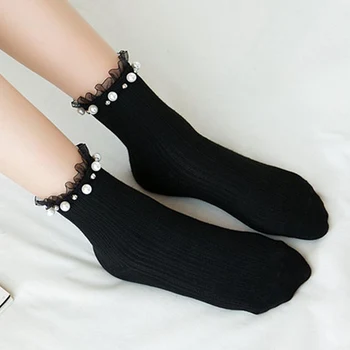 

Cotton Solid Color Pearl Lace Rib Top Simple Wild Series Women Loose Socks