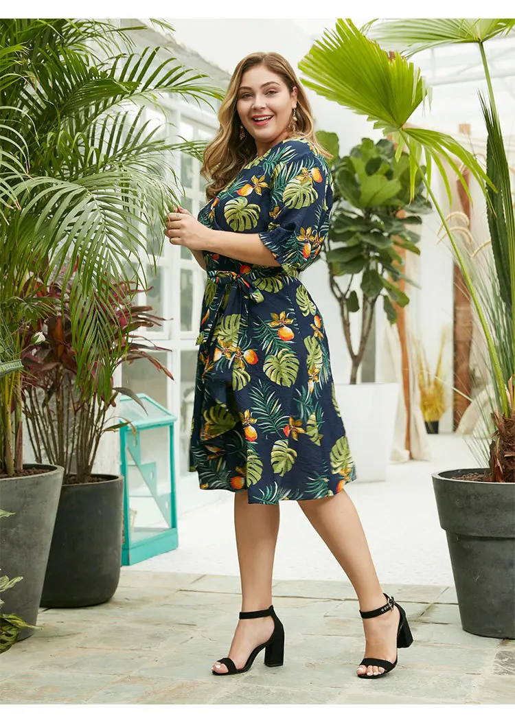 Women Summer Casual Midi Dress Plus Size V Neck Half Sleeve Leaves Print Boho Beach Dress Knee Length Green Ladies Tunic Dresses