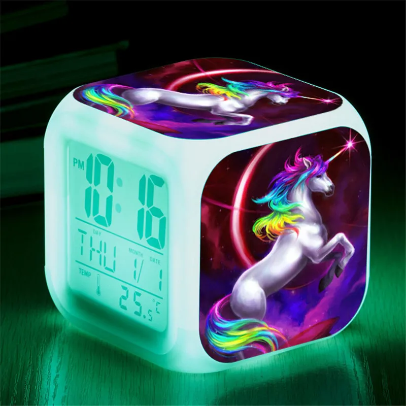 

Kids Cute Cartoon Unicorn Alarm Clock 7 Colors Changing Night Light Led Digital Alarm Clocks Student Desk Clock with Thermometer