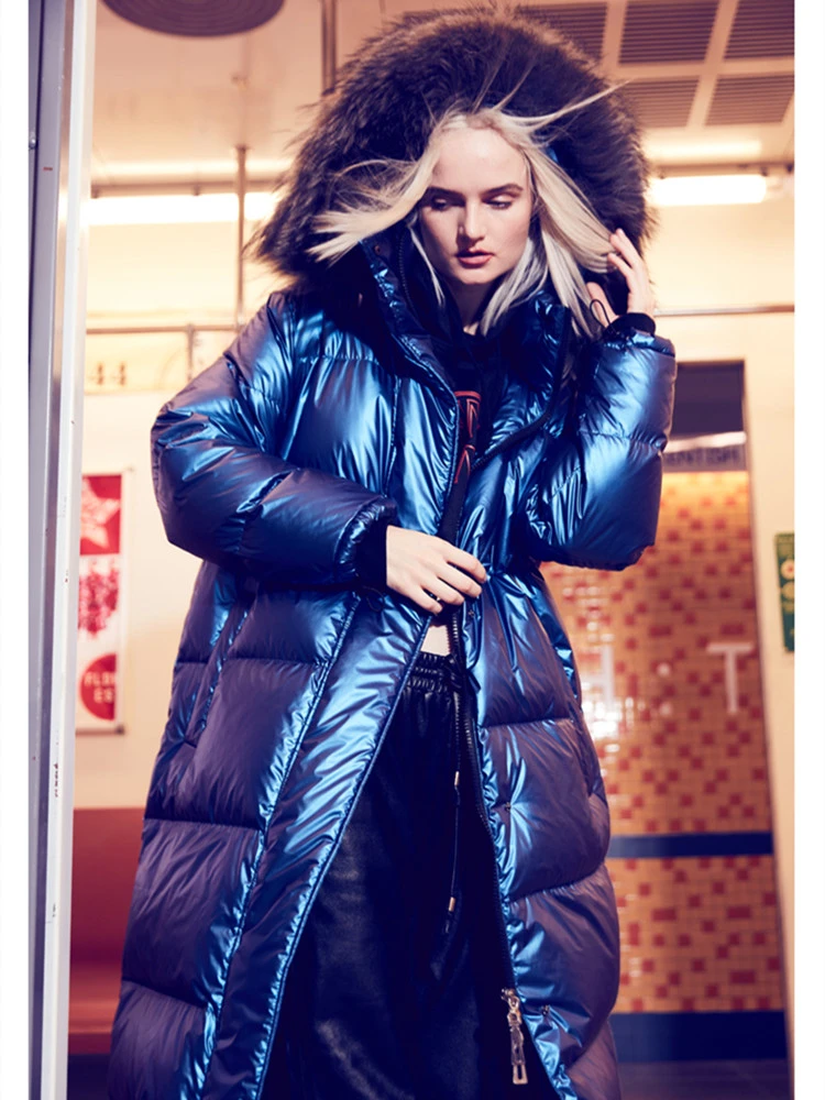 Chaqueta de plumas de ganso blanco brillante para mujer, diseño coreano, supergrueso, cálido, informal, suelto, con cuello de piel de mapache Real|Abrigos de plumón| - AliExpress