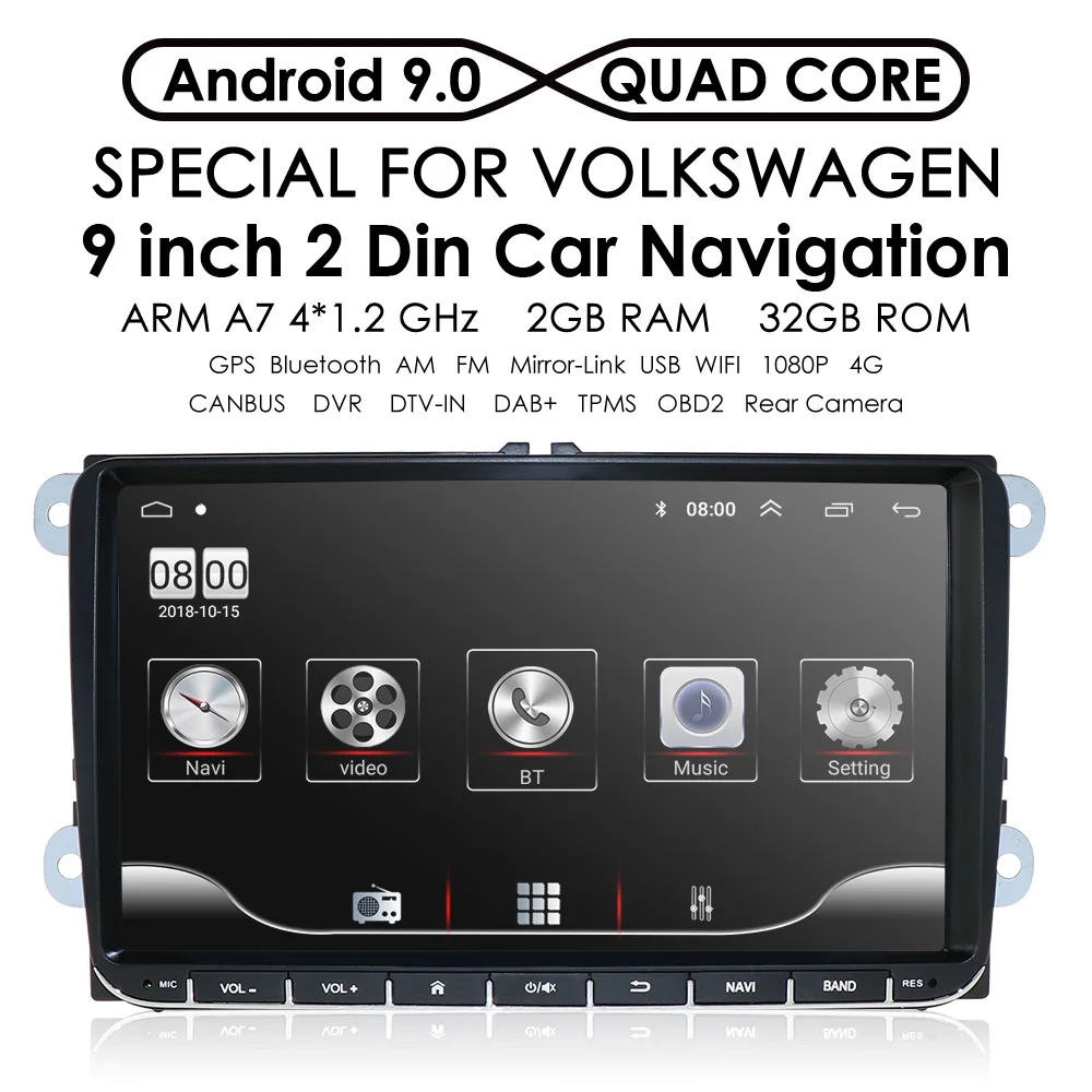 Excellent 1080P DSP 4G 32G Android 9.0 2 DIN Car GPS PLAYER for Seat Altea Toledo VW GOLF 5/6 Polo Passat B6 CC Tiguan Touran RADIO NO DVD 1
