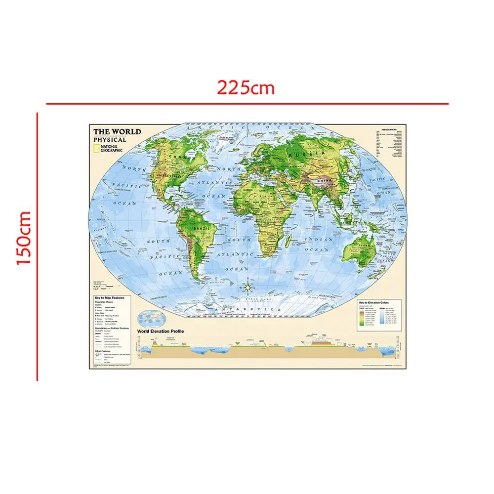 

150x225cm The World Physical Map Elevation Profile with The Key To Map Feature For Beginner of Geological Research