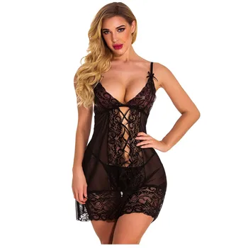 

See Through Lingerie Women Lace Erotic Sexy Nightdress Sleepwear Slips V-neck Bandage Sexy Nightgown Femme Nightie Sleep Lounge