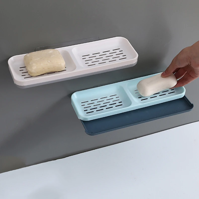 Bathroom Storage Racks Punch-free Double-layer Drain Square Plastic Soap Box Double Grid Soap Holder For Wall-mounted