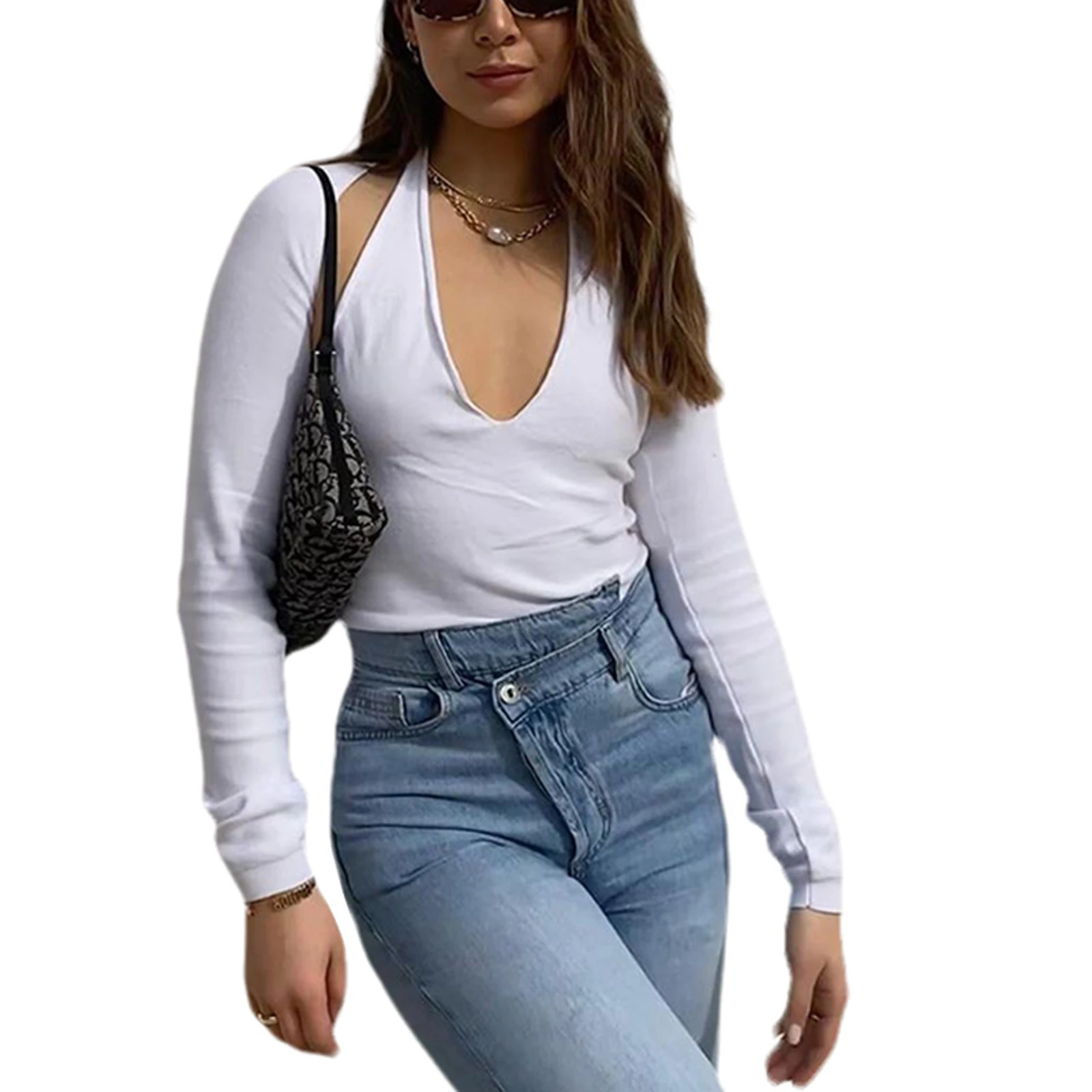 Женские укороченные рубашка Топ c бретелькой через шею для девушек длинный рукав