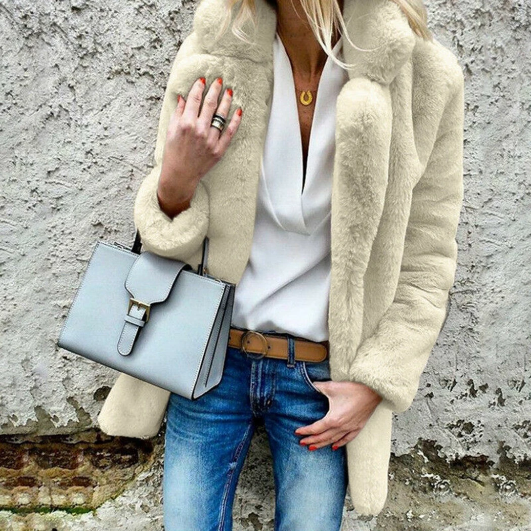 

Ladies Long Sleeve Overcoat 2019 Women Faux Fur Coat Winter Fluffy Warm Plush Teddy Jackets Fashion Lapel Fur Coats Outerwear