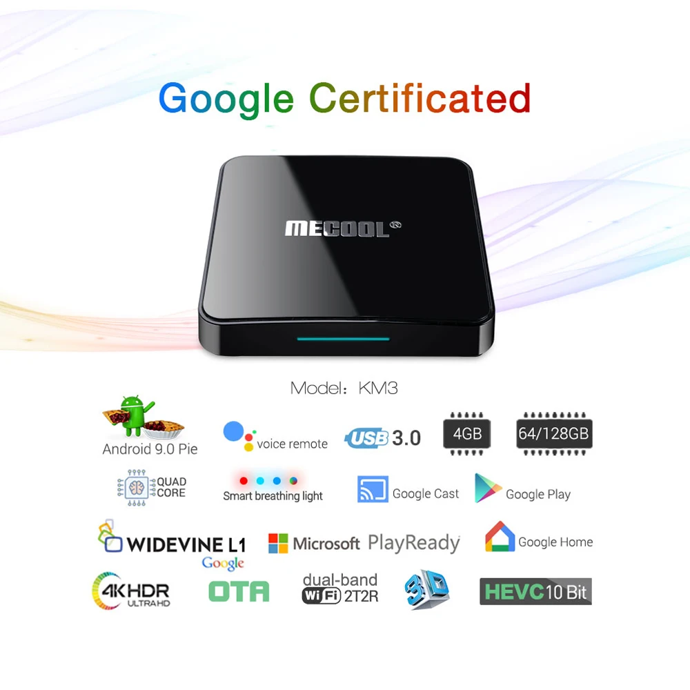 

MECOOL KM3 RARE Android 9.0 TV Box Amlogic S905X2 4GB/128GB 4K Media Player Google Certified Voice Remote Dual WiFi BT4.0 TV Box