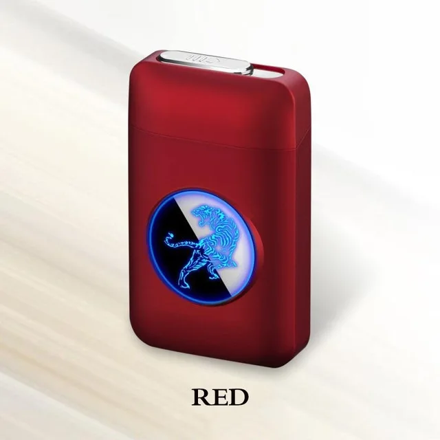 Red Tiger Чехол для сигарет с металлической емкостью, перезаряжаемая электрическая зажигалка с подключением к USB светодиодный дизайн с логотипом, 19 шт., держатель для сигарет, мужские подарки - Цвет: Red Tiger