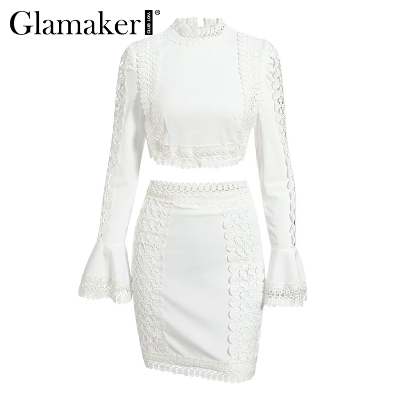 Glamaker, Белое Кружевное облегающее короткое платье с длинным рукавом, Женский костюм из двух частей, осеннее платье, женское элегантное сексуальное платье для вечеринки vestidos