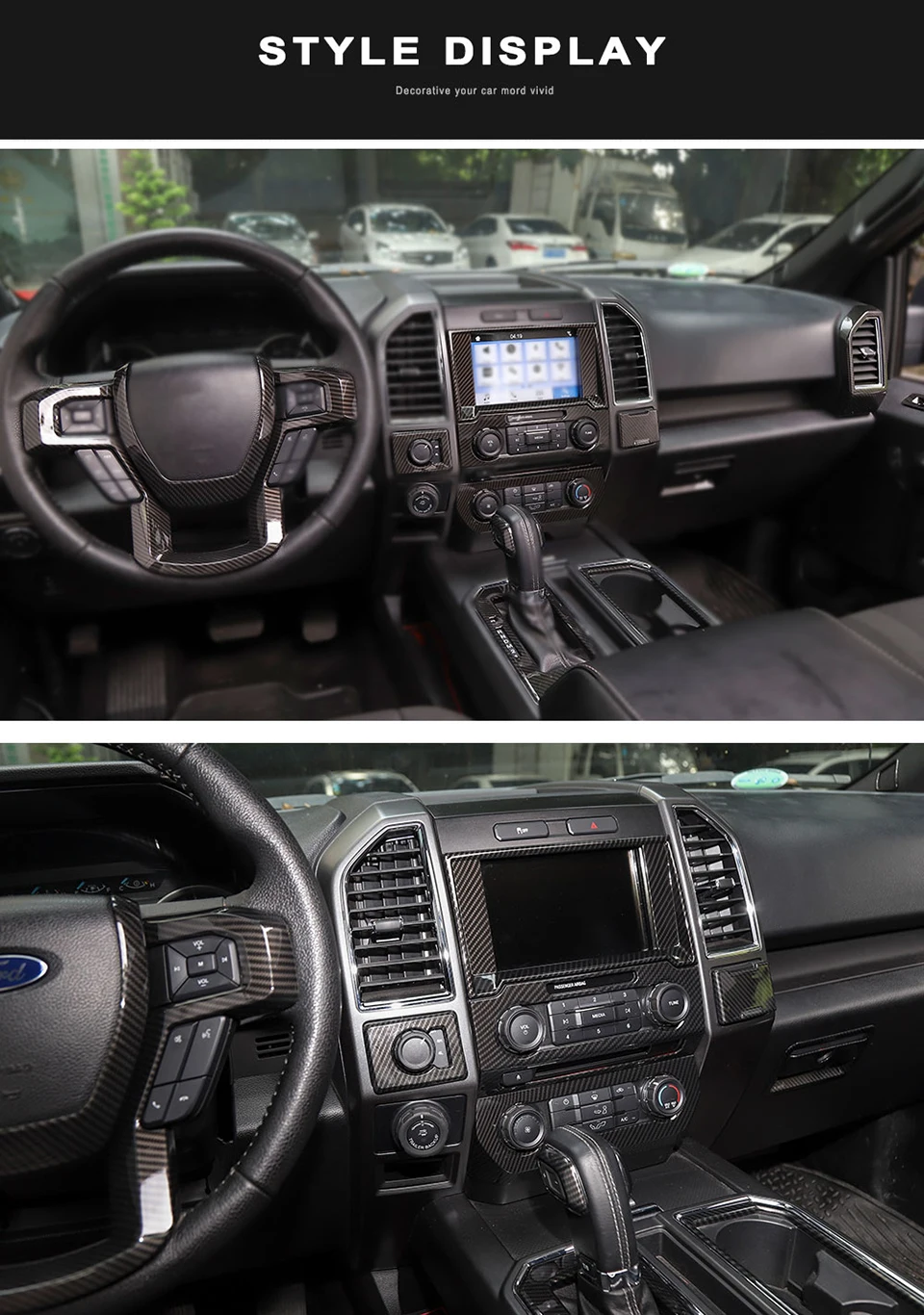 5-_01 SHINEKA  Interior Mouldings For Ford f150 Sticker Carbon Firber Wood Grain Set Decals for Ford F150 2015+