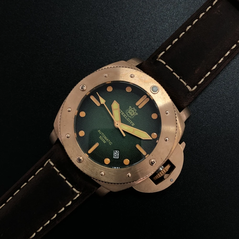 US $316.80 STEELDIVE 1956S Bronze NH35 Automatic Wristwatch 500M Waterproof Dive Men Watches CuSn8 Bronze C3 BGW9 Luminous Mechanical Watch