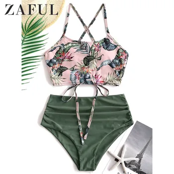 

ZAFUL Bikini 2019 Lace Up Tropical Leaf Tummy Control Tankini Set Swimwear High Waisted Swim Suit Ruched Padded Bathing Suit