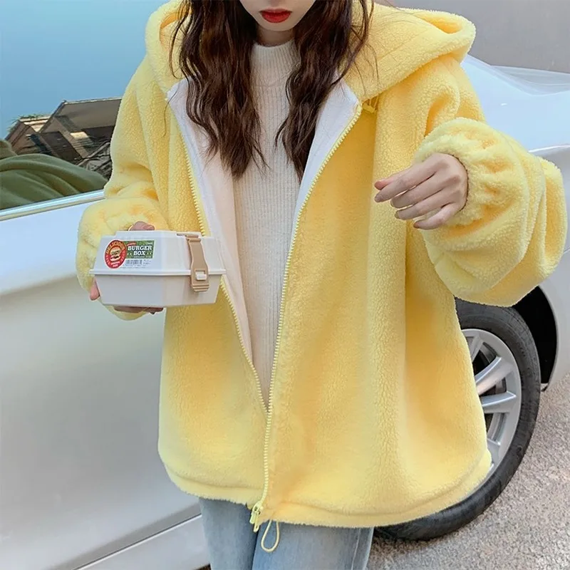 Hooded Ladies Plus Velvet Thick Coat All-match Jacket Pure Yellow Sweet and Cute Autumn and Winter Lamb Wool Loose Coat 2022