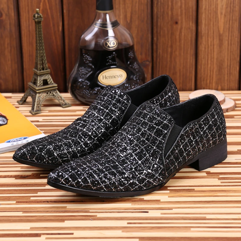 

Christia Bella Man Black Fashion Lattice Sequins Shoes Party Genuine Leather Male Pointed Toe Shoes Men's Prom Slip on Shoes