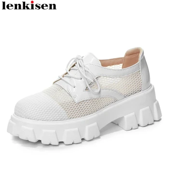 

Lenkisen 2020 new air mesh breathable sunscreen round toe high heels wedges thick bottom lace up streetwear young lady pumps L26