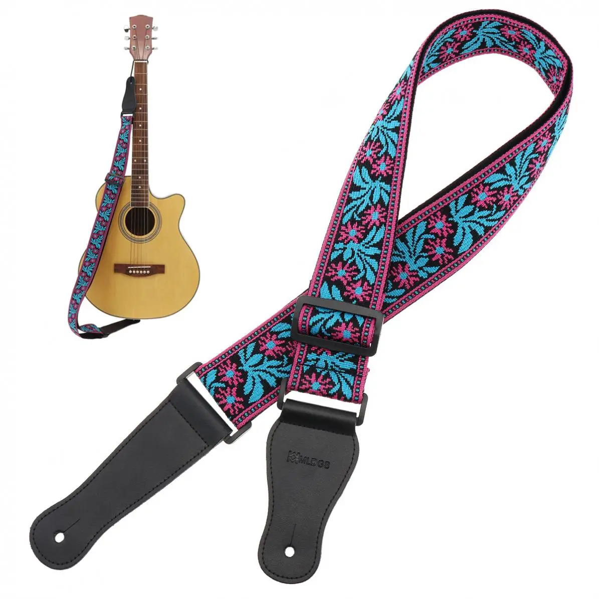 

Guitar Strap Jacquard Weave Double Fabric Flowers Pattern Genuine Leather Ends with for Acoustic Electric Guitar Bass