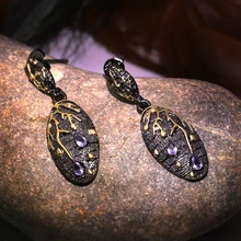 Vintage Bark Purple Drop Earrings for Women New Ethnic Gold Metal Rhinestone Branch Leaf Hanging Dangle Earring O5T269