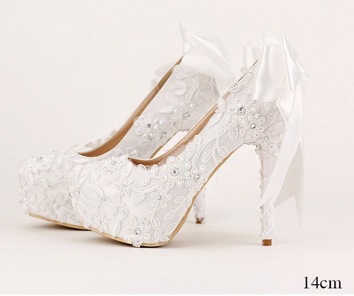 Carollabelly/Новое поступление; женские модные милые туфли-лодочки; белые кружевные свадебные туфли на платформе с высоким каблуком и жемчугом; модельные туфли для невесты - Цвет: pump style 14cm