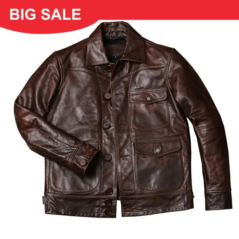 

2020 Retro Dark Brown American Casual Style Leather Jacket Single Breasted Large Size XXXL Genuine Cowhide Slim Fit Leather Coat