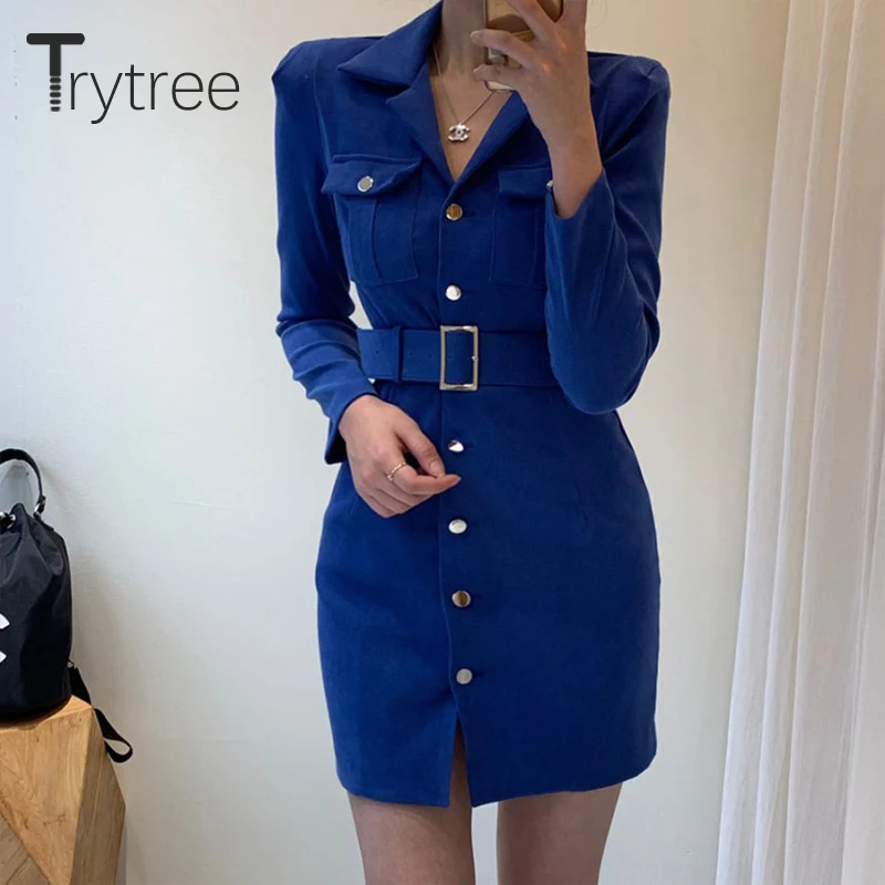 Trytree Autumn Winter Women Casual Dress Turn-down Collar Single Breasted Pockets Belt 5 Colour Slim fit Fashion Mini Dress