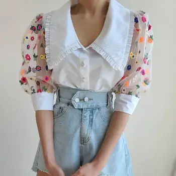 

Heavy work Embroidery flower perspective mesh bubble sleeve doll collar shirt top streetwear r859