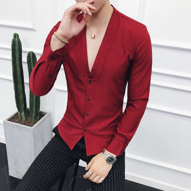TANG бренд сексуальный глубокий V Рубашка без воротника с длинным рукавом Slim Fit Плиссированное Платье рубашка Camisa Masculina Клубные вечерние рубашки Мужская - Цвет: 2