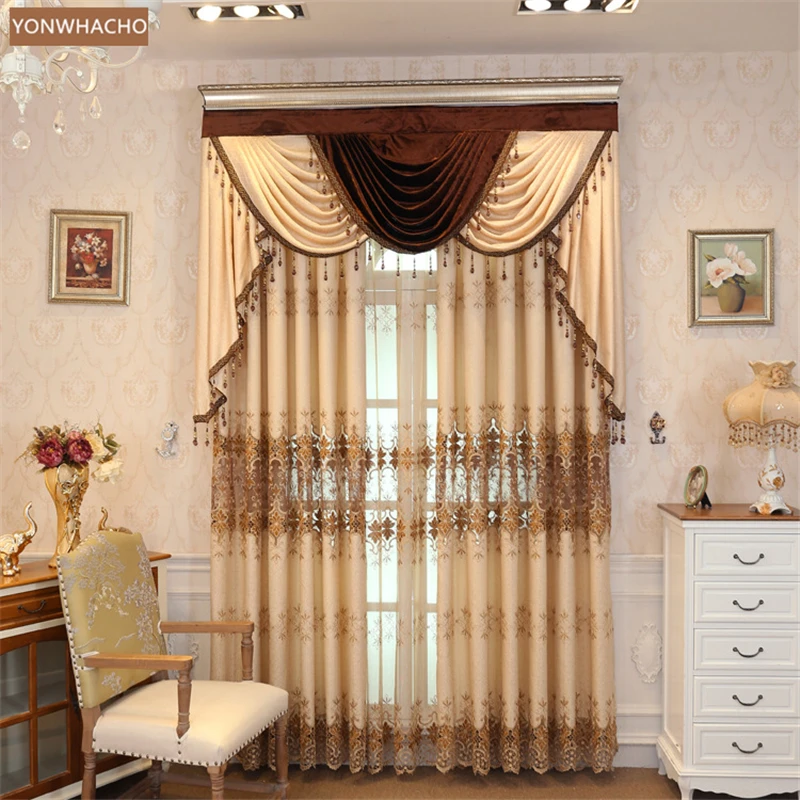 

Custom curtains Flannel simple modern embroidered European bay window beige cloth blackout curtain tulle valance drape B861