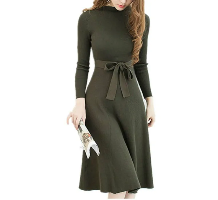 

Black Sexy Knit Dress with Belt Ladies Slim Casual Autumn and Winter Long-sleeved High-waist Green Sweater Dress Vestidos