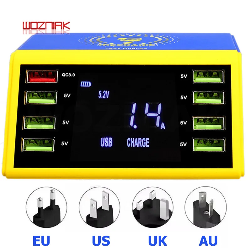  Cargador rápido de pantalla Digital LCD mecánico puerto de carga USB de 8 puertos QC 30 con cargado