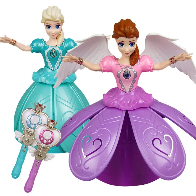 Princess Frozen Electric Dancing Toys Elsa Anna Doll with Wings Action Figure Rotating Projection Light Music Model Dolls 2