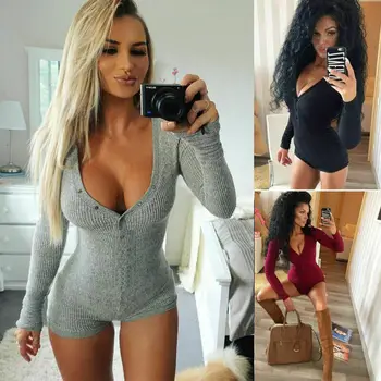 

Women Sexy Deep V Neck Playsuit Bodycon Clubwear Jumpsuit Solid Color Casual Long Sleeve Romper Bodysuit Club Short Pants