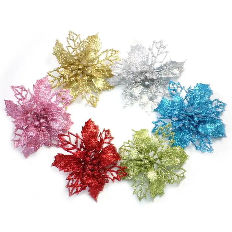New 1pc Artificial Flowers For Christmas Decor Glitter Poinsettia Fake Flowers DIY Home Xmas New Year Decoration Flower Wedding