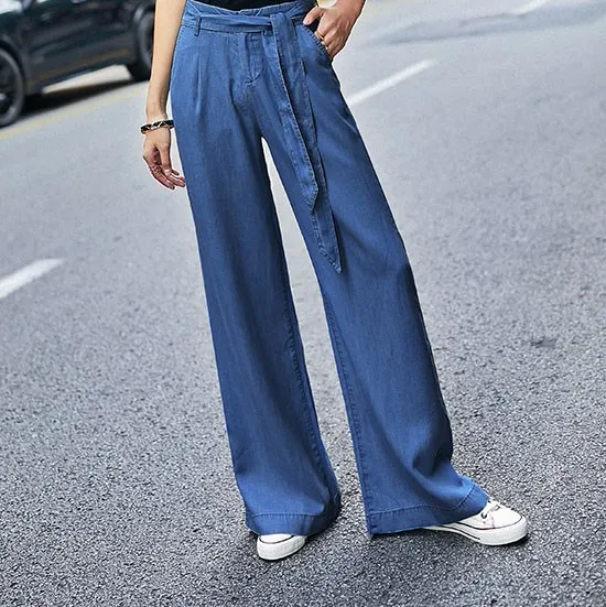 

Women High Waist Tencel Jeans Woman Wide Leg Jeans Denim Pants Washed Blue Jeans