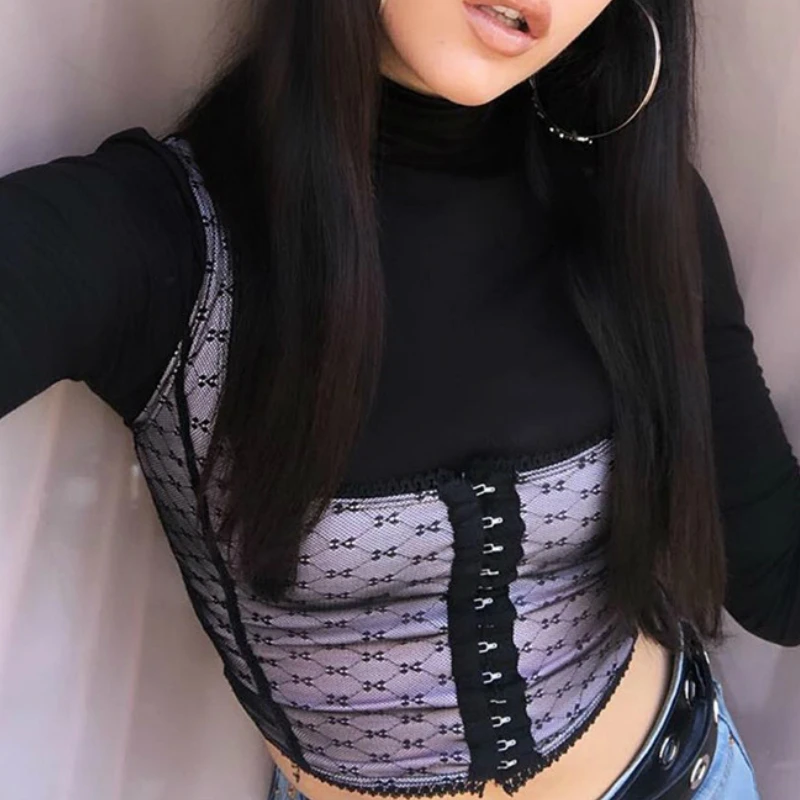 Summer Sexy Crop Tops Women Net Yarn Lace Bandage Lace-up Stylish Purple Vest Sleeveless Backless Club Street Bandeau Tank Tops