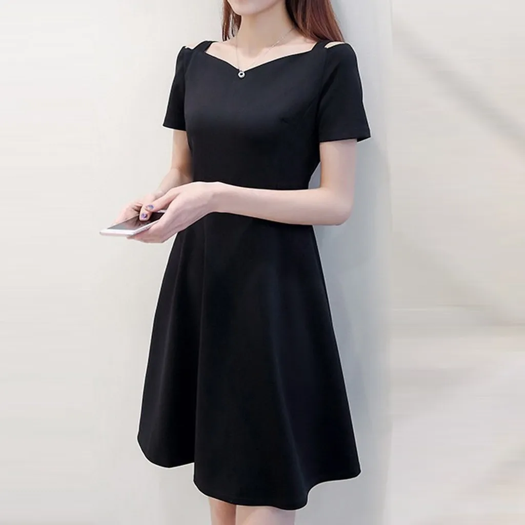 

Women Off Shoulder Short Sleeve Camisole Dress Modis Pure Color Knee Length Elegant Dress Vestidos Verano 2019 Mujer #5$