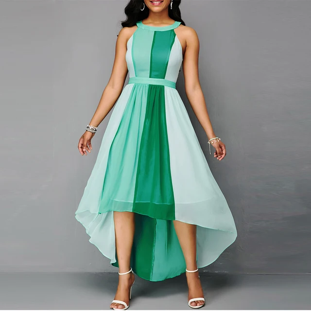 Chiffon Off Shoulder Contrast Color Patchwork Asymmetrical Maxi Dresses 1