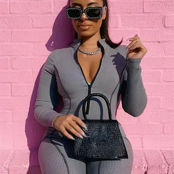 

Long Sleeve High Elastic Fitness Jumpsuit Women Solid Zipper Bodycon Pencil Jumpsuit Casual Tracksuit Slim Overalls