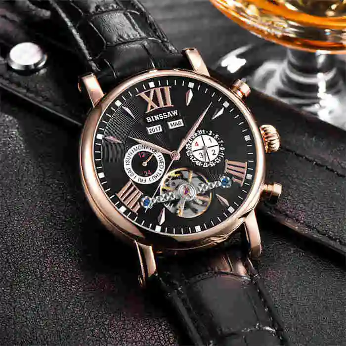 BINSSAW мужские часы Топ люксовый бренд автоматические механические Moon Phase кожа модные бизнес само черные часы Relogio Masculino - Цвет: Черный