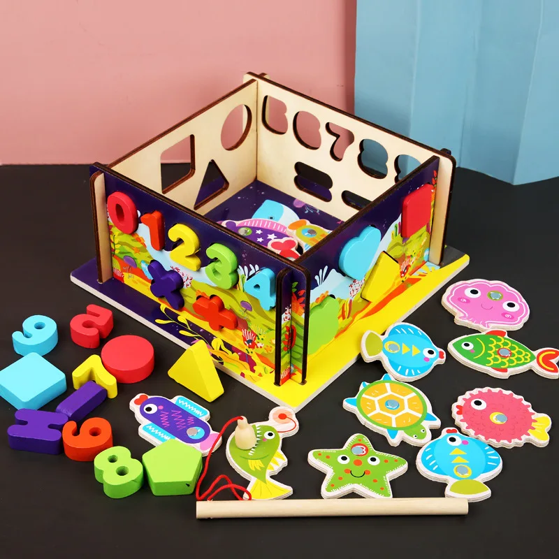 

Magnetic fishing/inlay building block 2 in 1 Wooden toys digital geometry matching blocks fishing games children's toy Baby gift