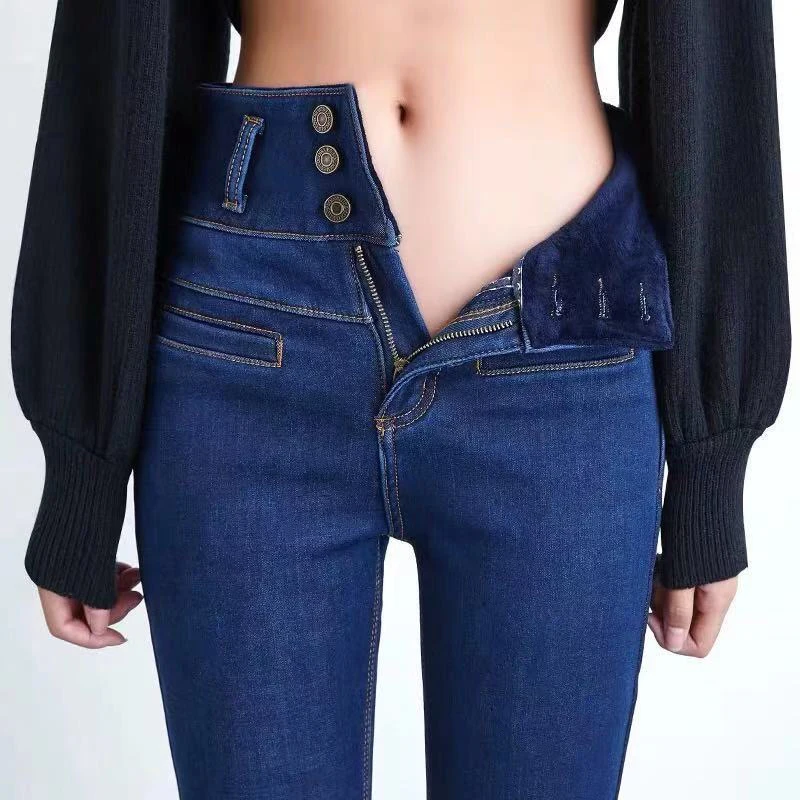 Зимние женские вельветовые плотные джинсы с высокой талией, женские обтягивающие Стрейчевые теплые джинсы, штаны для мамы, черные джинсовые брюки с флисом - Цвет: G315-Blue-Velvet