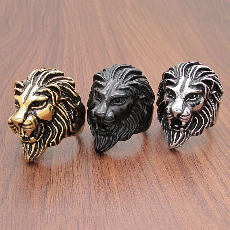 Punk 316L Stainless Steel Silver Color Gold Black Plated King Lion Head Ring Jewelry 6