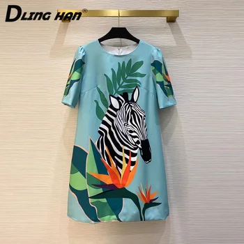 

DLINGHAN Fashion Zebra Print Mini Dress Women's Short Sleeve O-Neck Temperament Slim Dresses Designer Spring Summer New