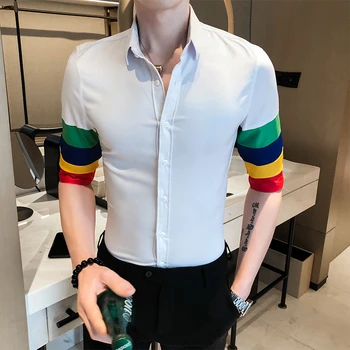 

British Style Summer Men White Shirt Dress Fashion 2020 Patchwork Color Half Sleeve Shirts For Men Slim Fit Streetwear Blouses