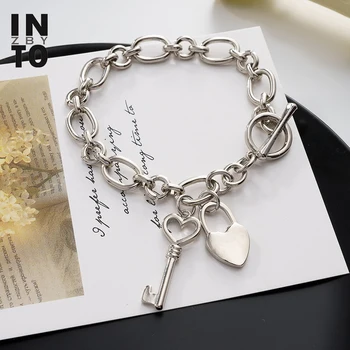 

Into zby Lock and Key Jewelry Heart Charm Bracelets Punk Round Link Chain Bangle for Women Fashion Jewelry 2020 ZA браслет