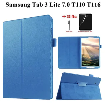 

High Quality Litchi case for Samsung Galaxy Tab 3 lite 7 T110 T111 Stand cover for Samsung Tab E lite 7 T113 T116 case +Film+Pen